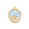 304 Stainless Steel Enamel Pendants, with ABS Imitation Pearl Finding, Ion Plating(IP), Real 18K Gold Plated, Flat Round, Starfish, 24x18x7mm, Hole: 1.8mm