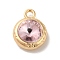 Glass Pendants, Rack Plating Golden Alloy Findings, Nickel Free, Flat Round Charms, Pink, 15x11.5x6mm, Hole: 2mm