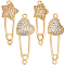 6Pcs 2 Styles Brass Micro Pave Cubic Zirconia Connector Charms, Safety Pin Shape Links with Star & Heart, Golden, 27~34x10~12x3.5~4mm, Hole: 1.2~1.5mm, 3pcs/style