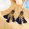 Alloy Round Chandelier Earrings, with Glass Beads and Tassel, Golden, Black, 102x32mm