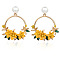 Ring with Flower Alloy & Rhinestone & Polymer Clay Stud Dangle Earrings, Golden, Gold, 52x44mm