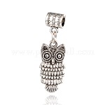 Сова тибетский стиль сплава европейские подвески, Подвески с большими отверстиями, античное серебро, 25x12x2 мм, отверстие : 4.5 мм