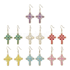 7 пара серег-крестиков из нержавеющей стали 304 с подвесками в виде стеклянных семян&nbsp;EJEW-MZ00506