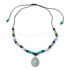 Сплав паве синтетическая бирюза каплевидный кулон выпечка окрашенные круглые стеклянные бусины плетеные ожерелья NJEW-JN05312