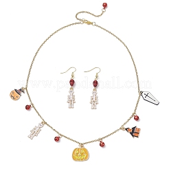 Комплект из ожерелья и сережек-гвоздиков из сплава эмали и синтетической бирюзы с черепом SJEW-JS01341