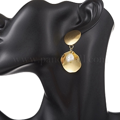 Серьги-гвоздики с круглыми плоскими подвесками из нержавеющей стали 201 с жемчугом-ракушкой EJEW-JE06751-01