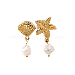 Серьги-гвоздики из нержавеющей стали 304 с пластиковым жемчугом в форме морской звезды и ракушки&nbsp;LS-EJEW-G422-01G-02