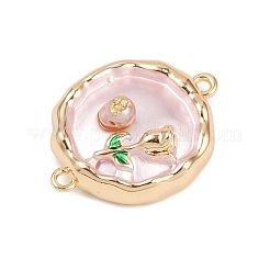 Латунная эмаль и натуральный жемчуг плоские круглые подвески с цветочным соединителем&nbsp;KK-K351-50G-02