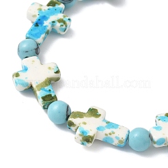 Браслеты из синтетических бирюзовых бусин с крестом и круглыми бусинами&nbsp;BJEW-JB12341-02