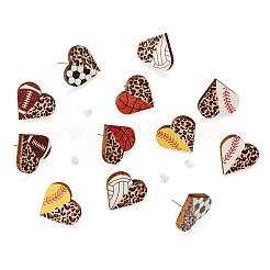 6 пара серег-гвоздиков в форме сердечек из дерева в спортивном стиле&nbsp;EJEW-TA0001-33