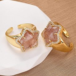 Звездный натуральный клубничный кварц кубический цирконий манжеты кольца RJEW-M076-02G-09