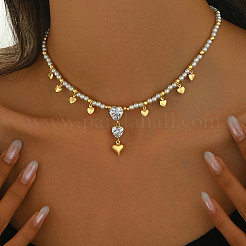 Круглые бусины из латуни с жемчугом и прозрачным кубическим цирконием в форме сердца с подвеской для женщин VQ1969-2