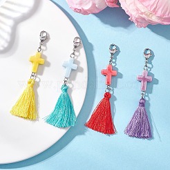 4 шт. полиэстеровая кисточка и фарфоровый крестик ручной работы&nbsp;HJEW-TA00427