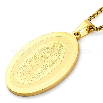 Овальное ожерелье из нержавеющей стали 201 с подвеской в виде Девы Марии NJEW-S007-02G-1