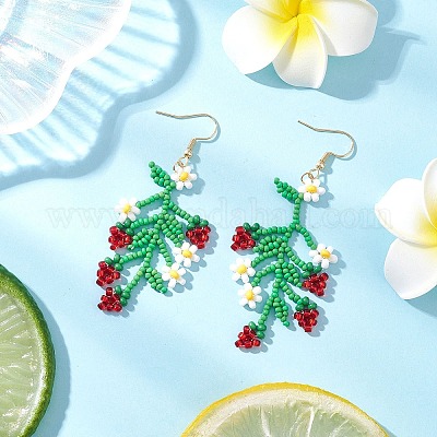 Серьги-подвески из стеклянных бусин с цветами и фруктами EJEW-MZ00533-02-1