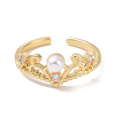 Кольцо-манжета с короной из прозрачного кубического циркония и акриловым жемчугом RJEW-P032-14G-1