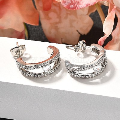 Серьги-гвоздики из латуни в форме буквы С с микропаве из прозрачных кубических цирконий EJEW-C126-08P-1