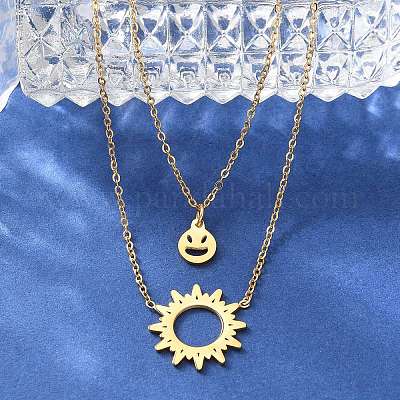 Двухслойные ожерелья из нержавеющей стали 304 с подвеской в виде солнца и улыбающегося лица для женщин NJEW-A045-14G-1