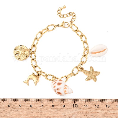 Браслеты с подвесками в виде дельфинов и морских звезд из нержавеющей стали 304 для женщин BJEW-F516-01G-1