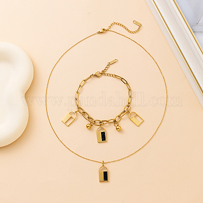 201 комплект из браслетов и ожерелий с подвесками в виде замка из нержавеющей стали со стразами для женщин QK4053-1