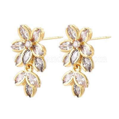 Серьги-гвоздики из латуни с цветочным стеклом EJEW-N054-63G-1