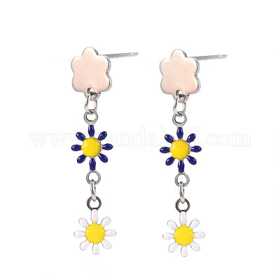 Длинные серьги-гвоздики с эмалевым цветком EJEW-N049-04B-1