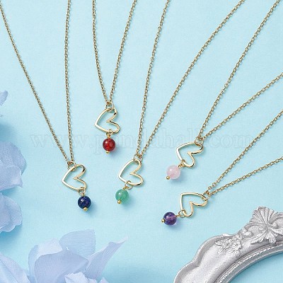 Ожерелья-подвески из натуральных смешанных драгоценных камней и сердечек с золотыми латунными цепочками NJEW-JN04618-1