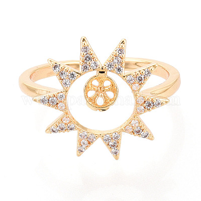 Закрепка колец-штифтов в форме солнца из латуни с микропаве из прозрачного кубического циркония KK-T076-16G-1