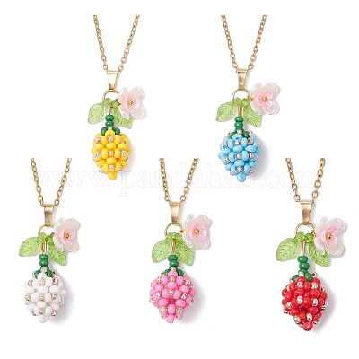 Подвеска в виде цветка из стеклянных бусин и искусственного жемчуга из нержавеющей стали 304 NJEW-MZ00115-1