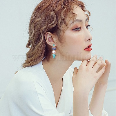 Серьги-гвоздики с синтетической бирюзой в форме прямоугольников и треугольников JE1131A-1