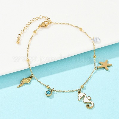 Браслеты на ногу из нержавеющей стали 304 с подвесками в виде морских коньков AJEW-G069-03G-1