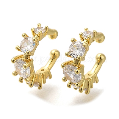 Серьги-каффы в форме буквы С с покрытием из латуни с микропаве из прозрачного кубического циркония EJEW-L097-18G-1