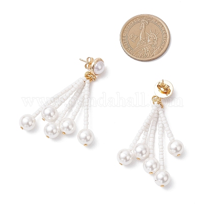 Серьги-гвоздики с круглым жемчугом и стеклянными бусинами EJEW-TA00768-1