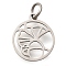 304 Stainless Steel Charms, with Jump Ring, Flat Round with Leaf Charm, Laser Cut, Stainless Steel Color, 14x12x1mm, Hole: 3mm