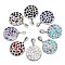 Polymer Clay Rhinestone Pendants, with Gemstone Chip/Natural Shell Chip and PU Leather, Flat Round, Platinum, PP12(1.8~1.9mm), 39~41x37x7~8mm,  Hole: 9x5mm