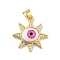 Brass Micro Pave Cubic Zirconia Pendants, with Acrylic, Cadmium Free & Lead Free, Long-Lasting Plated, Real 18K Gold Plated, Sun with Evil Eye, Deep Pink, 21x21.5x5mm, Hole: 4x3.5mm