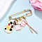 Painting 304 Stainless Steel Safety Pin Brooches, with Alloy & Brass Pendants, Mixed Shapes, Golden, 63mm