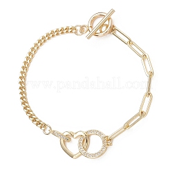 Браслеты из латунных звеньев с микропаве из прозрачных кубических цирконий в форме сердца и кольца&nbsp;BJEW-JB13159