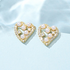 Серьги-гвоздики из латуни с микро-паве и прозрачным фианитом в форме сердца&nbsp;EJEW-A152-03G