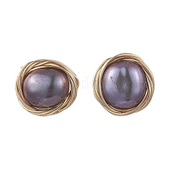 Плоские круглые серьги-гвоздики из натурального культивированного пресноводного жемчуга EJEW-JE06698