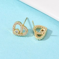 Серьги-гвоздики в форме сердца из латуни с прозрачным фианитом и прозрачным фианитом&nbsp;EJEW-F400-28B-G