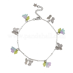 Браслеты на ногу из латунной цепочки с подвесками в виде бабочек и стеклянных цветов из нержавеющей стали 201 AJEW-AN00736-02