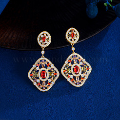 Серьги-гвоздики с подвесками из латуни с микропаве из кубических цирконий в форме овала и ромбов&nbsp;FS-WG1B36C-01