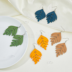 4 пара двухцветных сережек-подвесок в виде деревянных листьев EJEW-FI0001-94