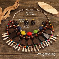 Многослойное ожерелье из дерева и пластика и круглые серьги-подвески из бисера FS-WGCB179-01
