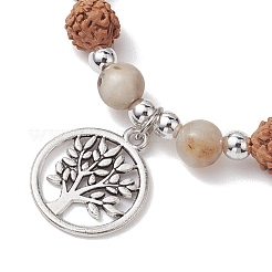 Круглые эластичные браслеты из натурального агата с листьями бамбука и гальваническим покрытием из синтетического немагнитного гематита и натуральной рудракши BJEW-JB10661