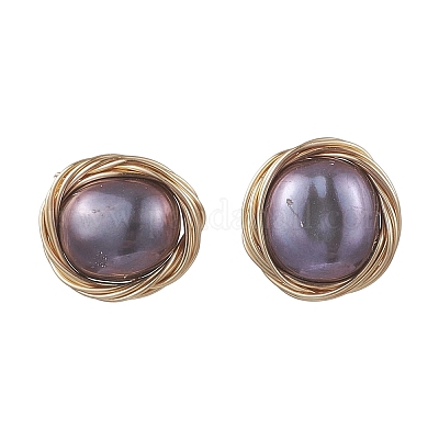 Плоские круглые серьги-гвоздики из натурального культивированного пресноводного жемчуга EJEW-JE06698-1