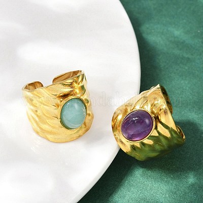 Кольца-манжеты из нержавеющей стали 316 с натуральными смешанными драгоценными камнями RJEW-Z098-01G-16-1