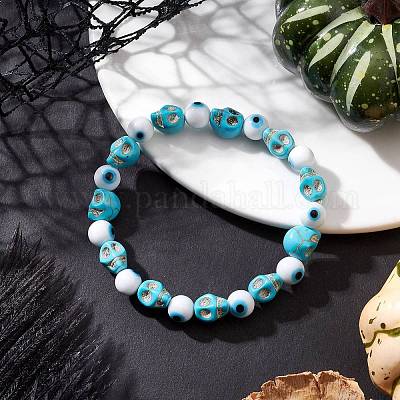 Браслеты из синтетического бирюзового черепа и лэмпворка с круглыми бусинами для женщин и мужчин в стиле Хэллоуина BJEW-JB12268-02-1