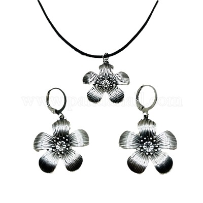 Комплект из ожерелья с подвеской и серег-колец из цветочного сплава с искусственным кожаным шнуром FS-WGDD3CA-01-1